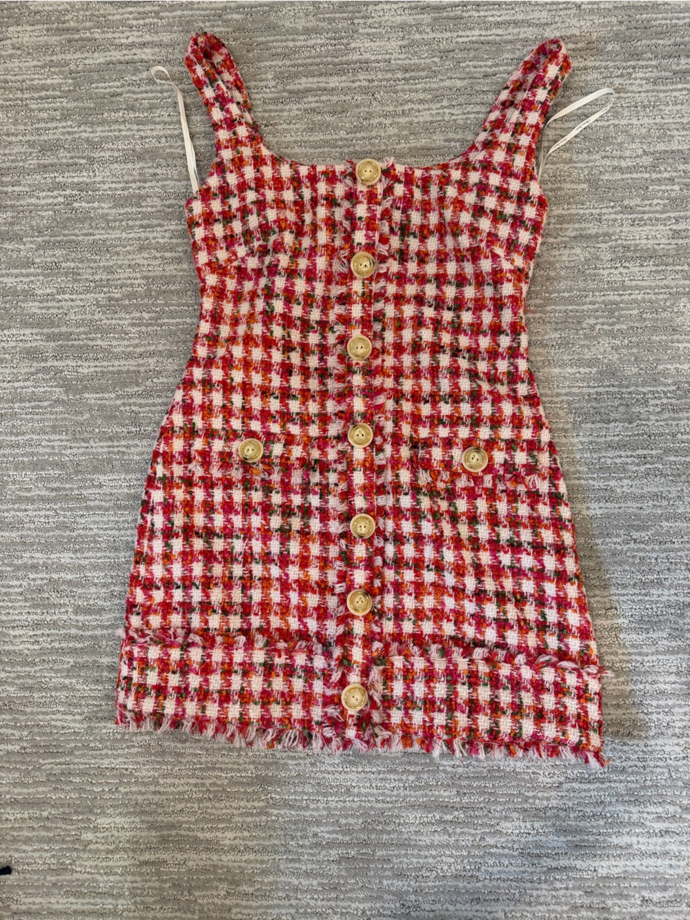 Cara Cara Red, Pink and Cream Tweed Button-Front Mini Dress